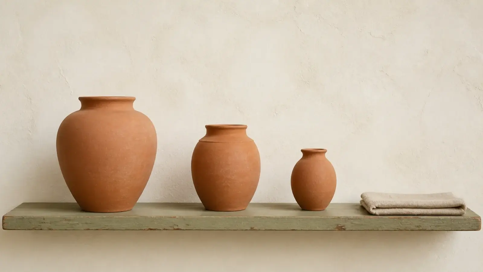 three terracotta pieces of different sizes repeated along a wooden shelf