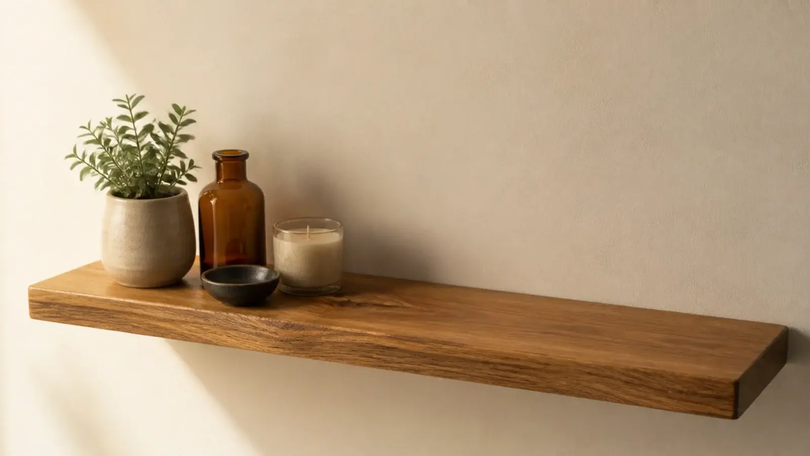 tight cluster of shelf objects with a large deliberate empty gap beside