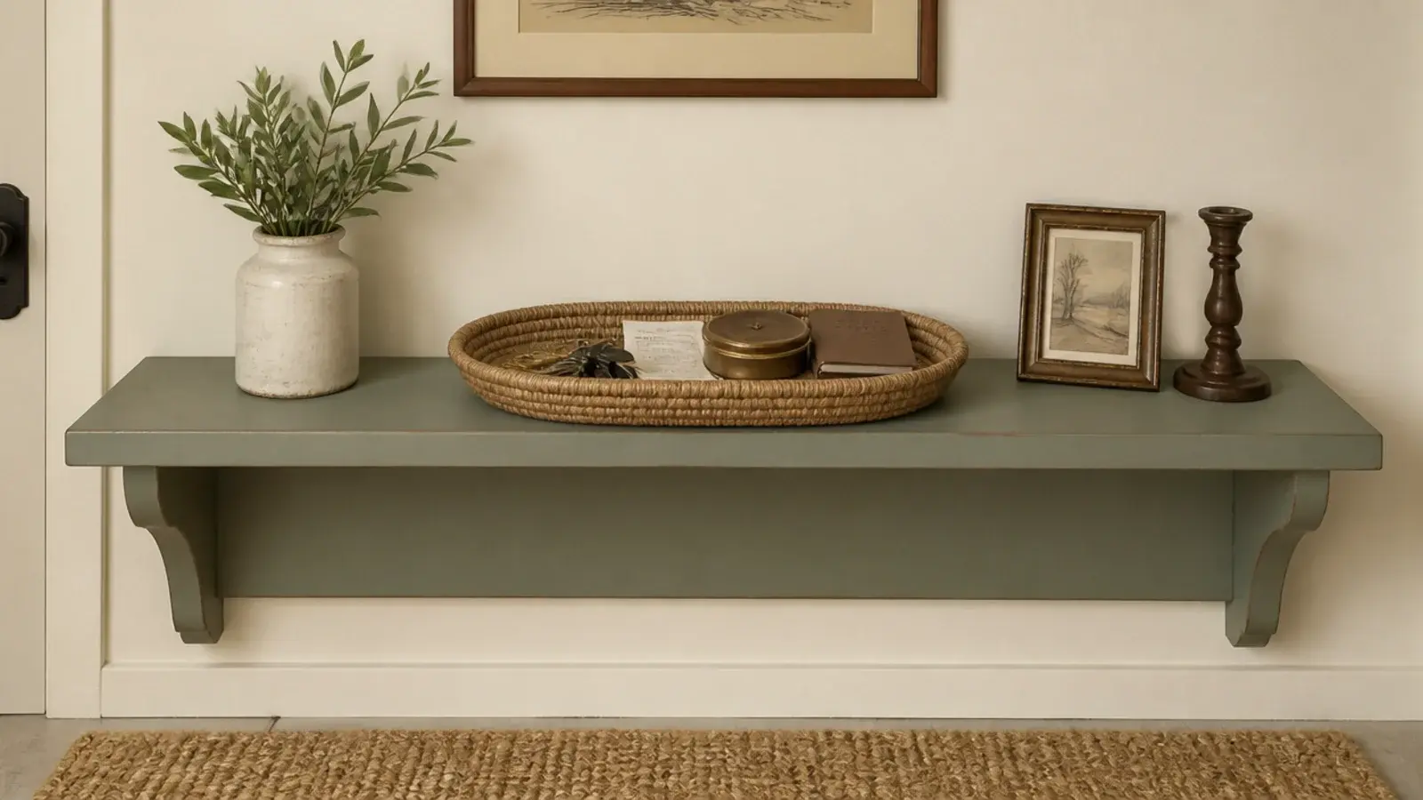 woven tray on a shelf holding keys coins and a small notebook