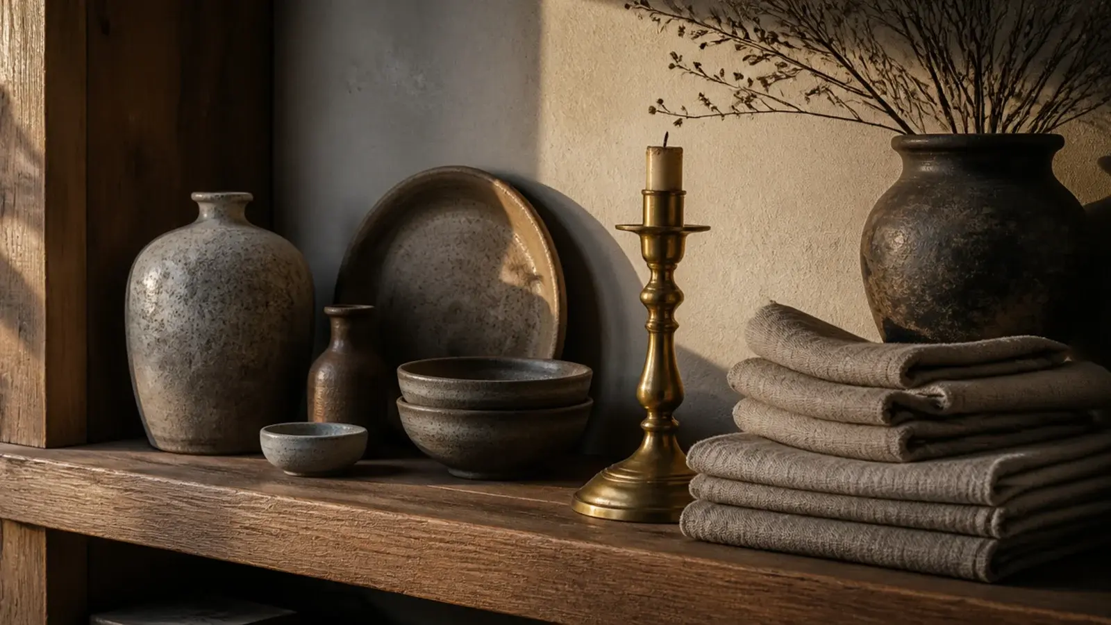 small brass candlestick catching light among matte pottery on a shelf