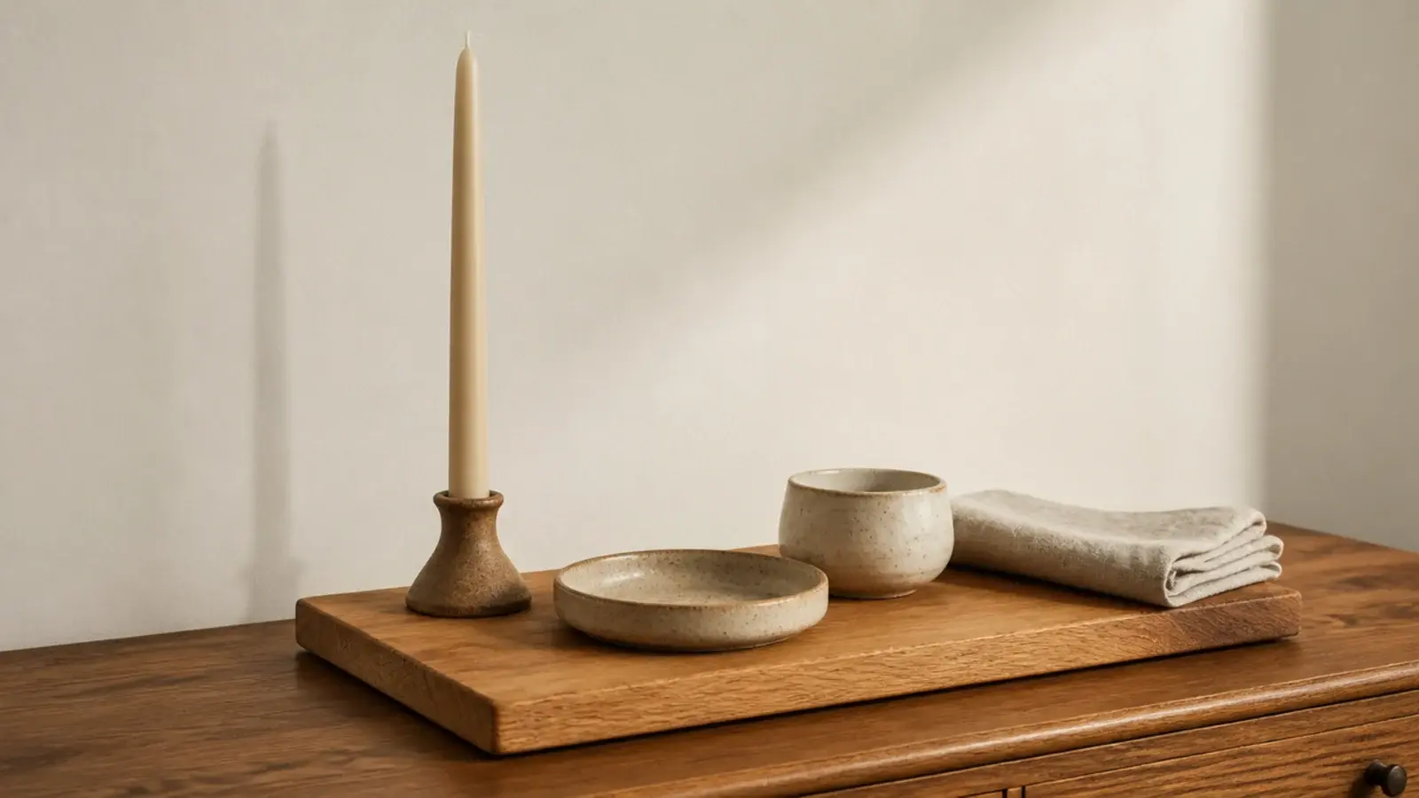 tall taper candle rising above low pottery on a styled wood shelf