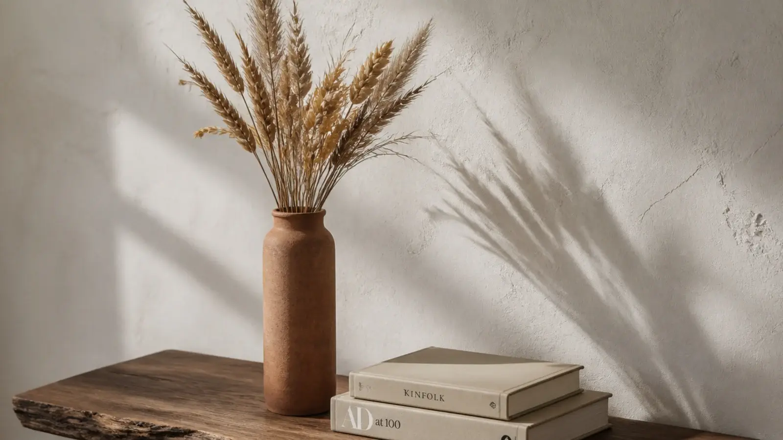 dried grasses in a clay bottle standing on a wooden floating shelf