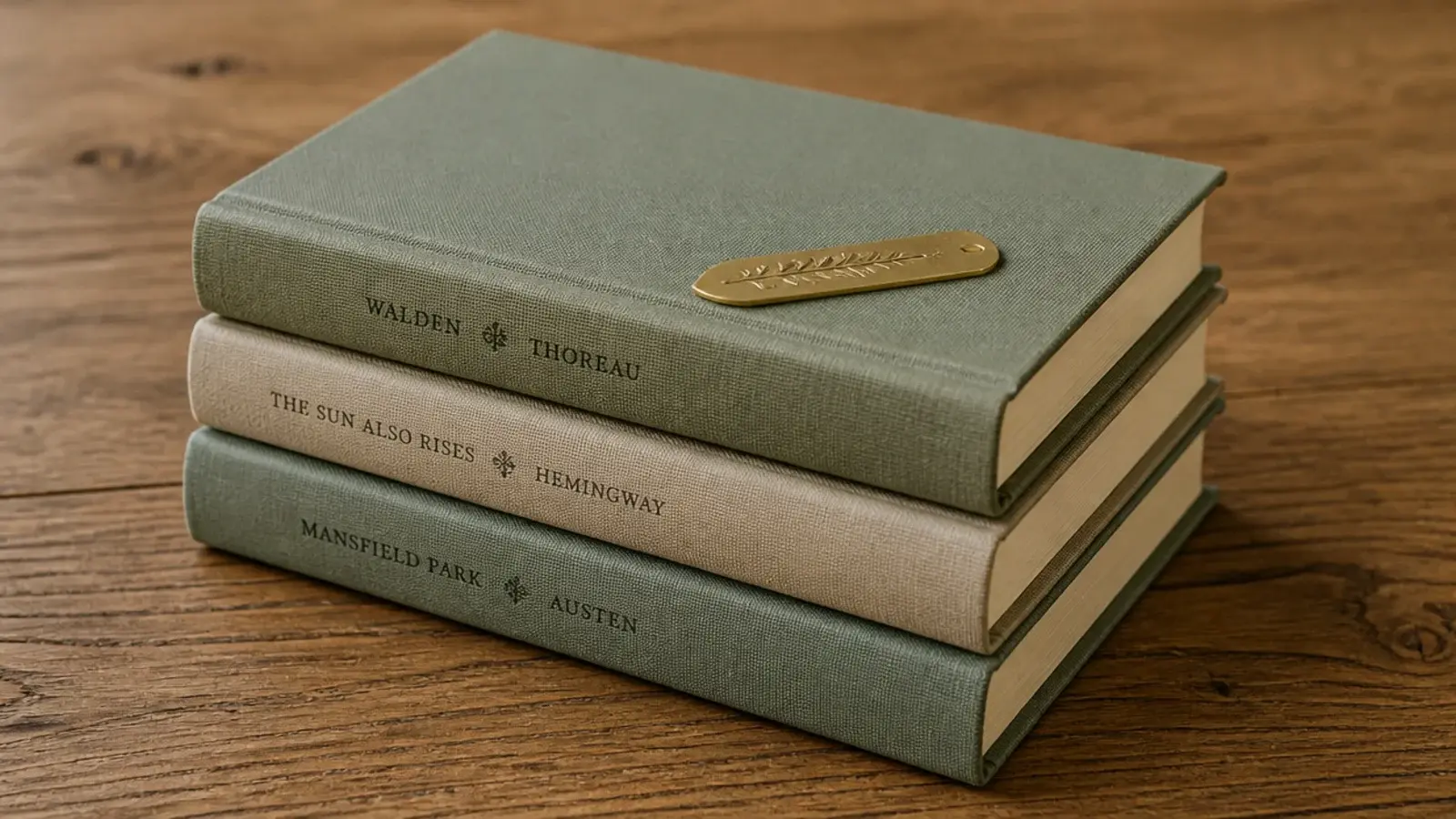cloth bound hardbacks with jackets removed stacked on an oak shelf
