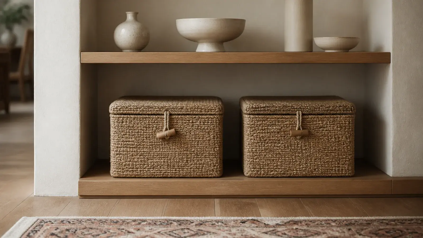 woven jute baskets anchoring the lowest shelf of a styled wall