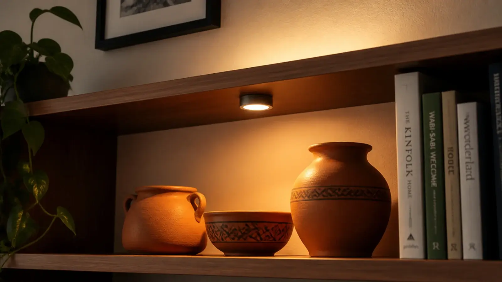 warm puck light under a top shelf pooling light on pottery below
