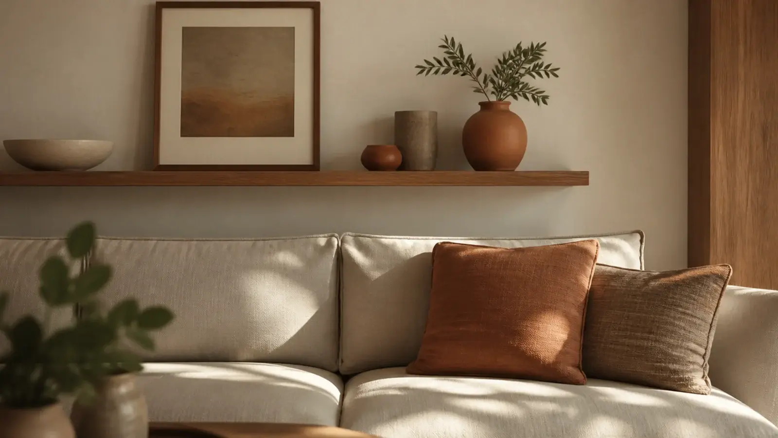 shelf objects echoing the rust color of a nearby linen cushion