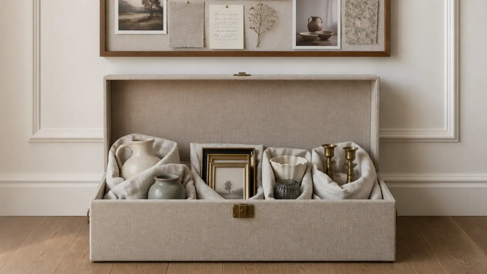 lidded box of stored shelf objects waiting for a seasonal swap