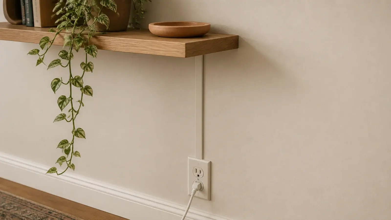 painted cable channel running down a wall beside a styled shelf