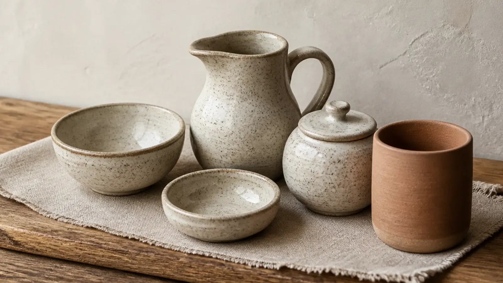 matte speckled ceramics and linen grouped on a warm wooden shelf