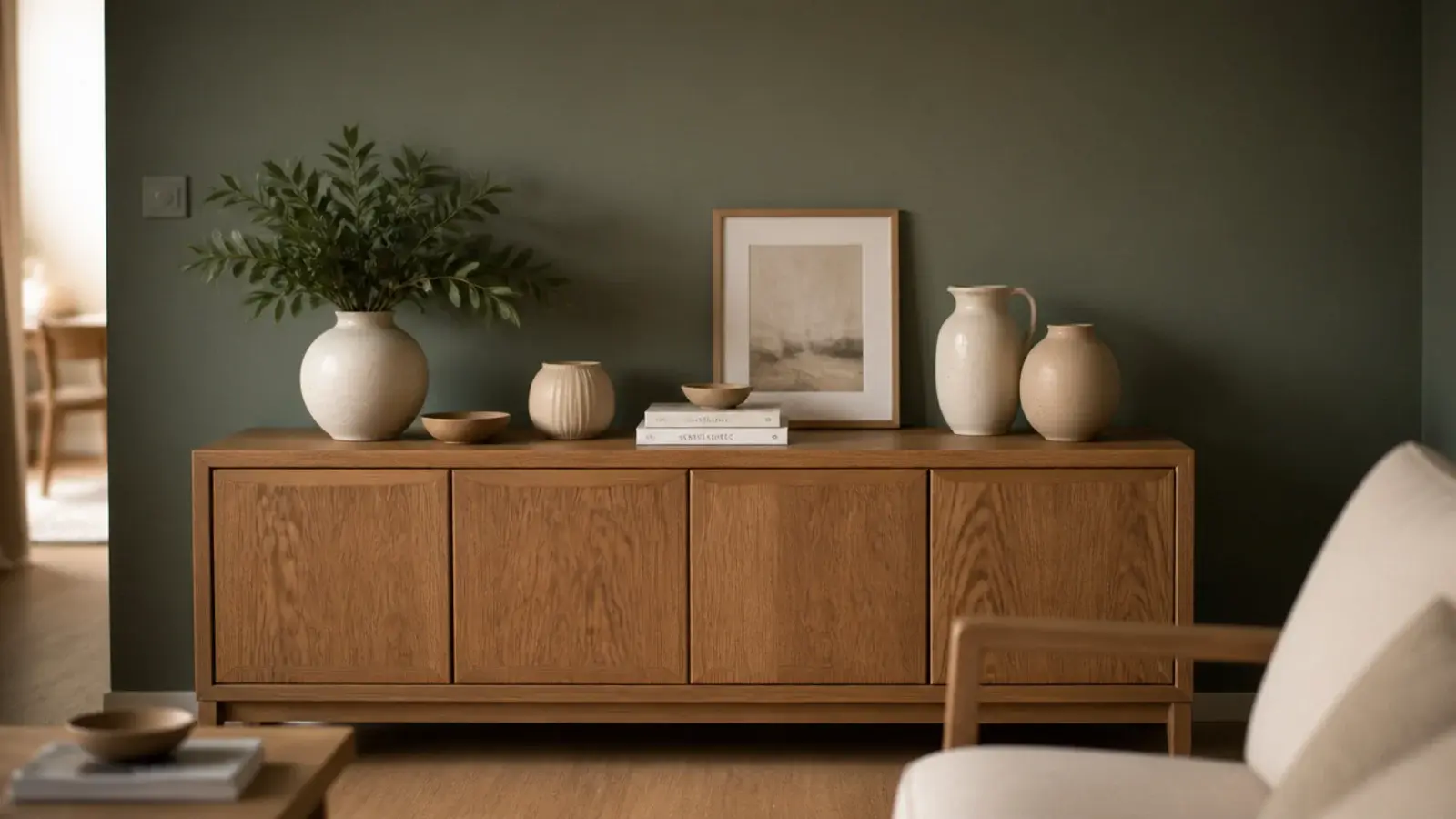 shelf mounted against a deeper painted wall making pale objects stand out