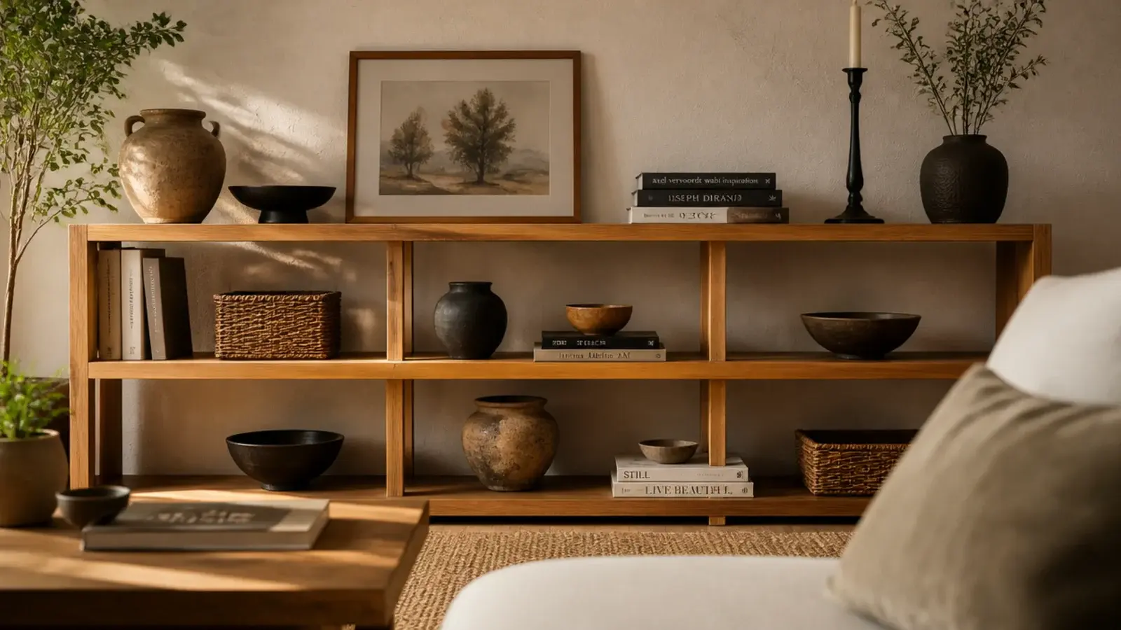 view of a styled shelf seen from a low sofa seat height