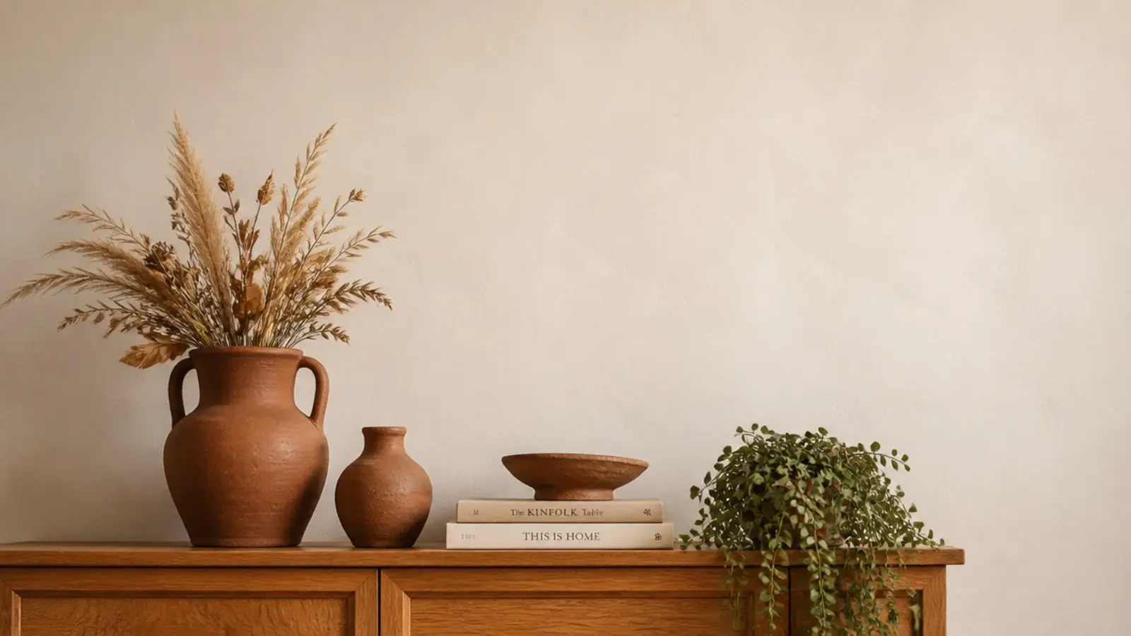 vertical styled floating shelf decor with clay pottery grasses and books