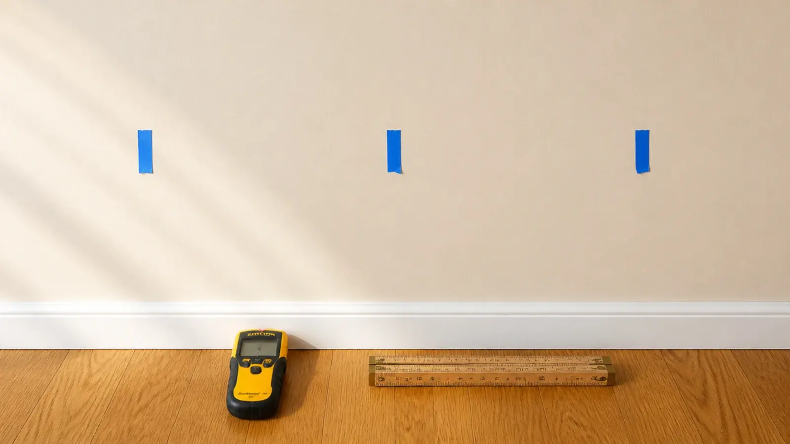 stud finder and pencil marks mapping a wall before floating shelf install