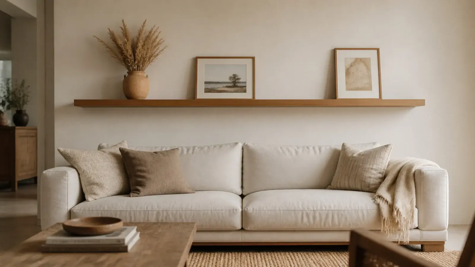 single long floating oak shelf mounted above a pale linen sofa