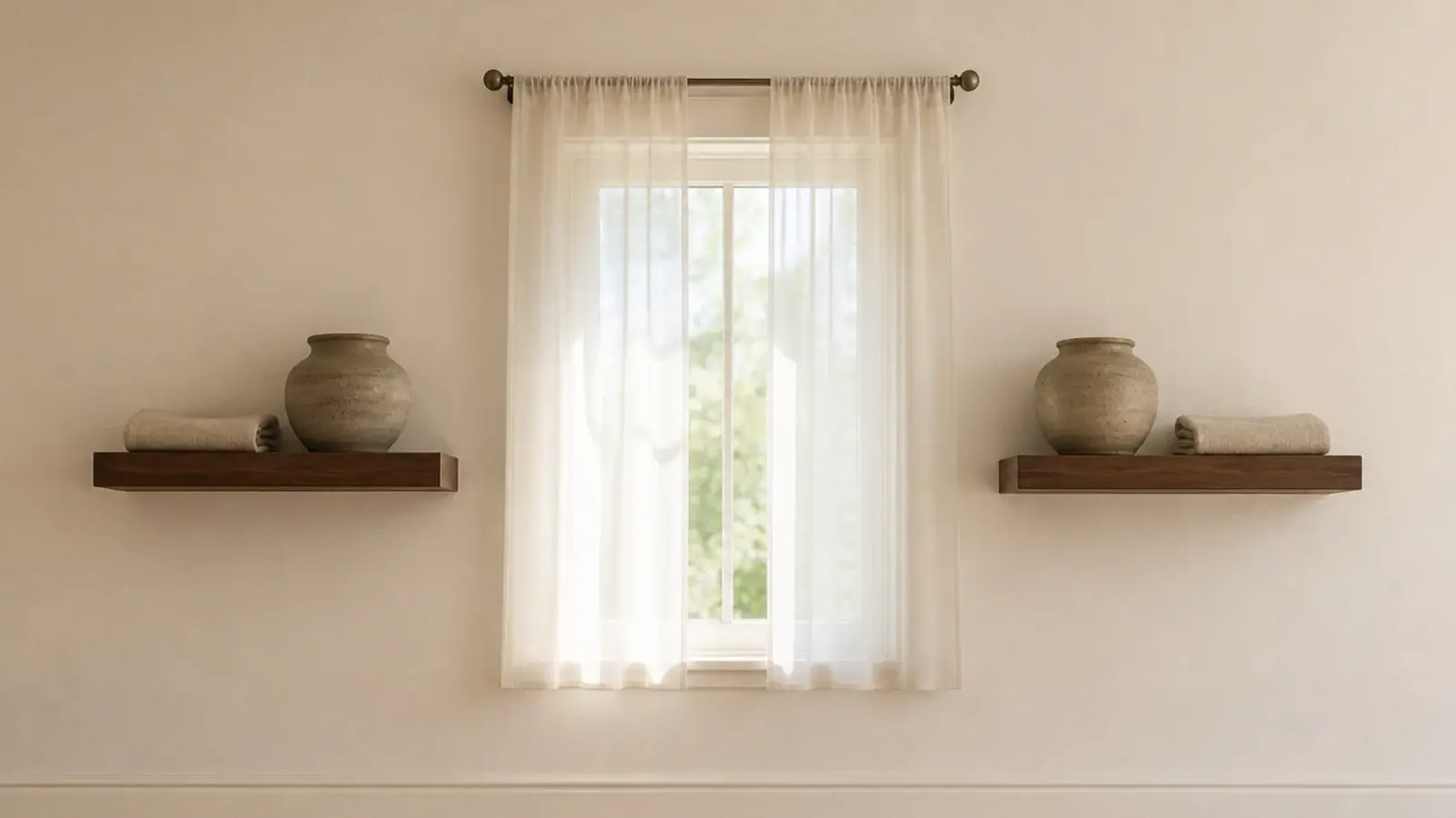 two short floating shelves flanking a window at matching heights