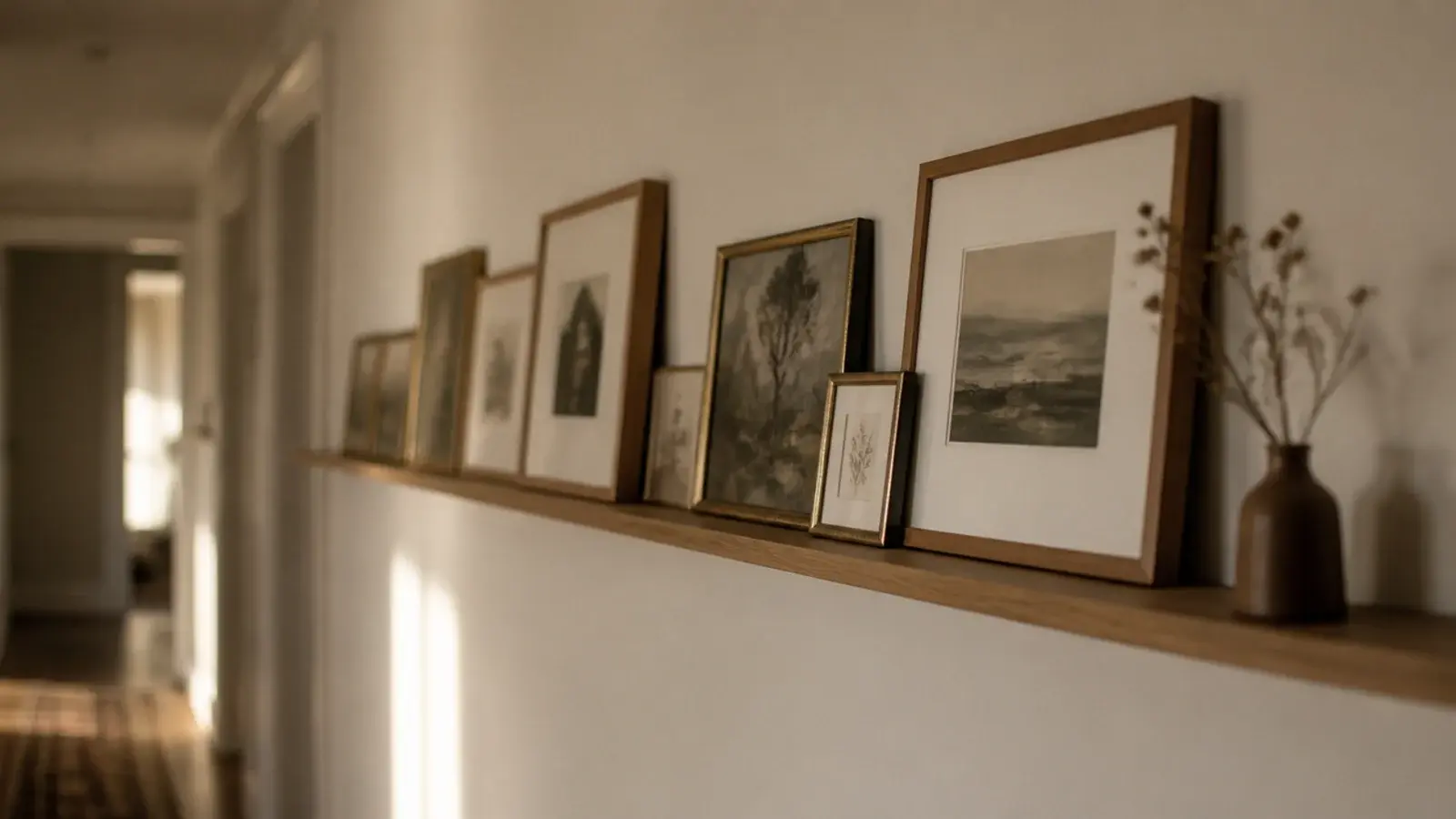 narrow floating picture ledge along a hallway holding leaning framed prints