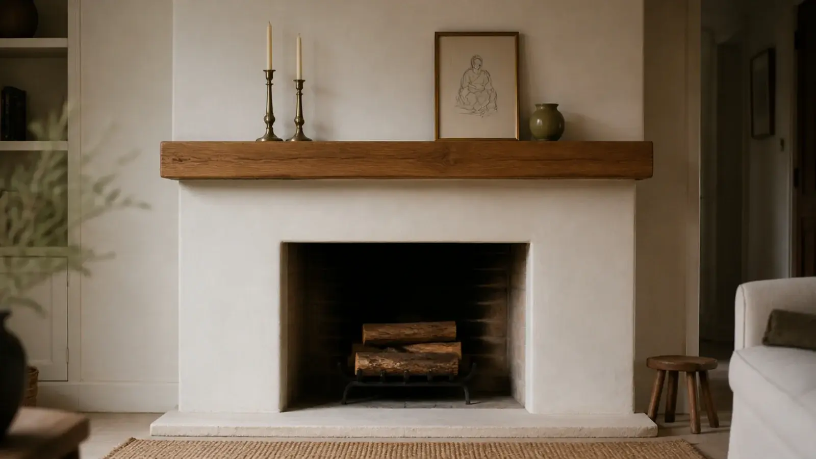 thick floating oak mantel shelf above a simple plaster fireplace