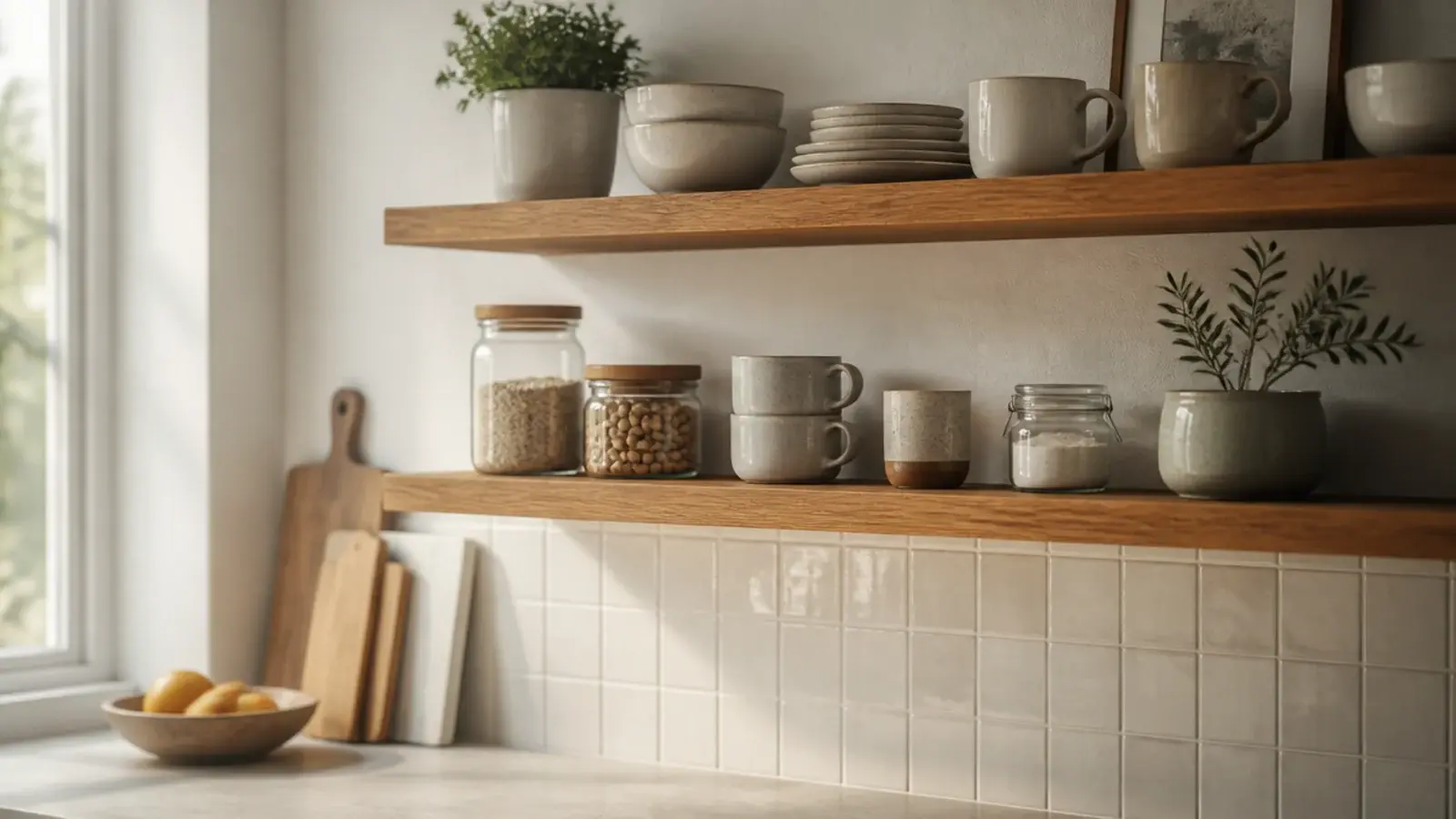 pair of floating oak kitchen shelves above a counter holding mugs and jars