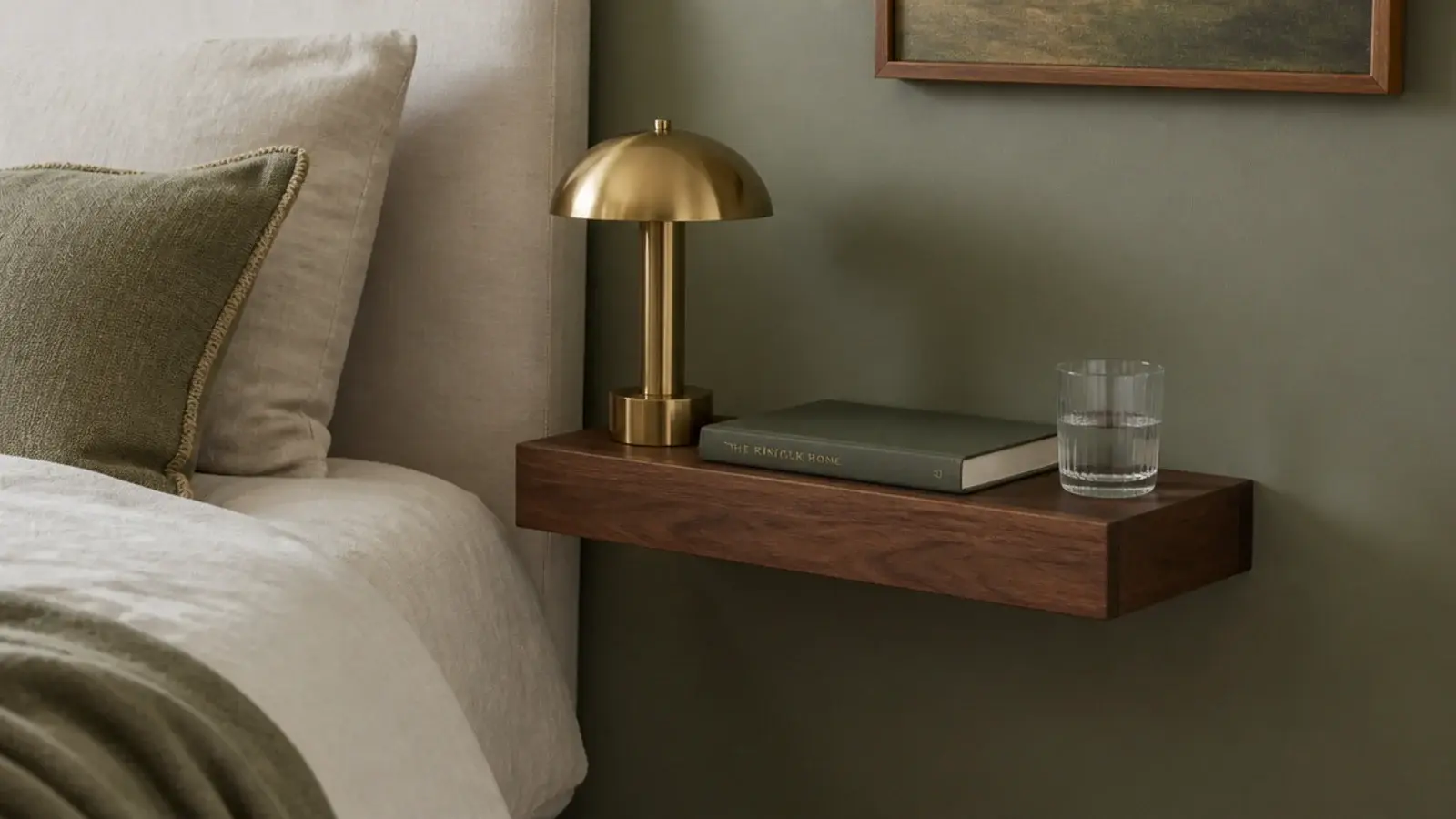 compact floating walnut shelf beside a bed holding a lamp and book