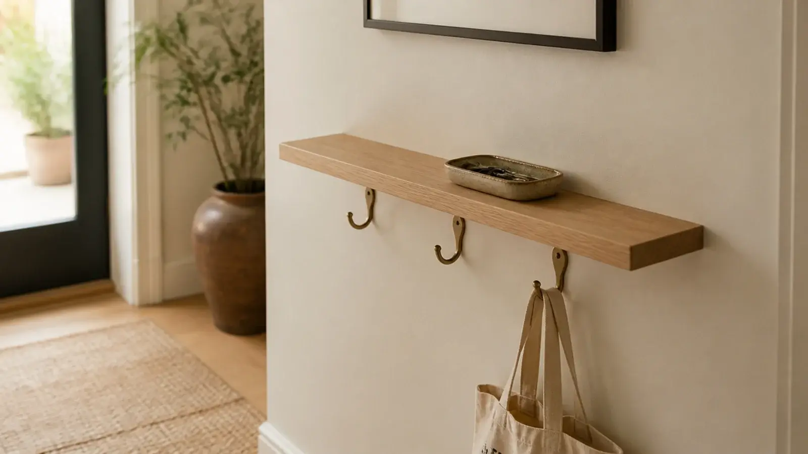 shallow floating entry shelf with hooks below holding keys and a tray