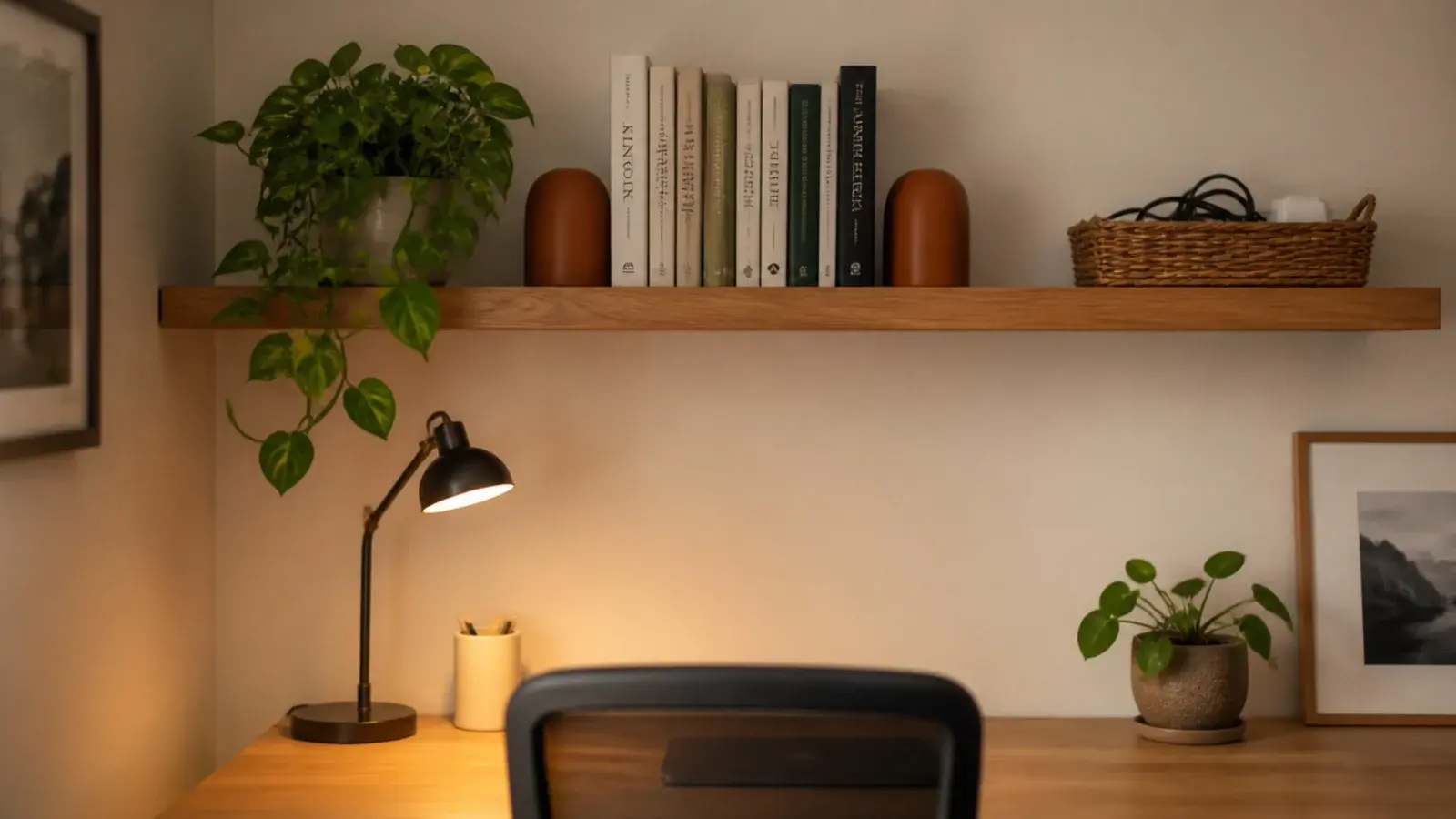floating shelf mounted above a small desk holding books and a plant