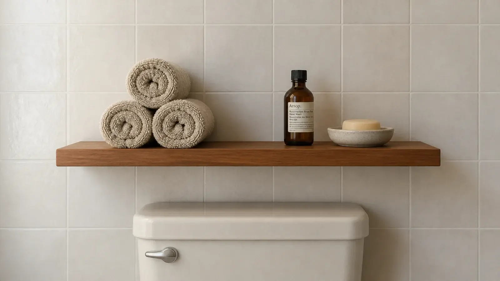 slim sealed teak floating shelf above a toilet tank with rolled towels