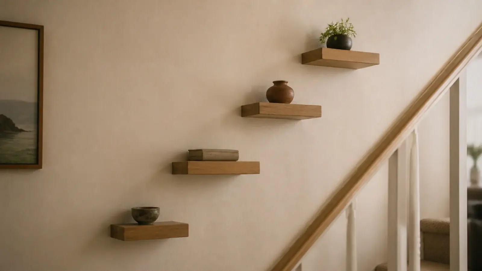 short floating shelves stepping up a stairwell wall in a diagonal line