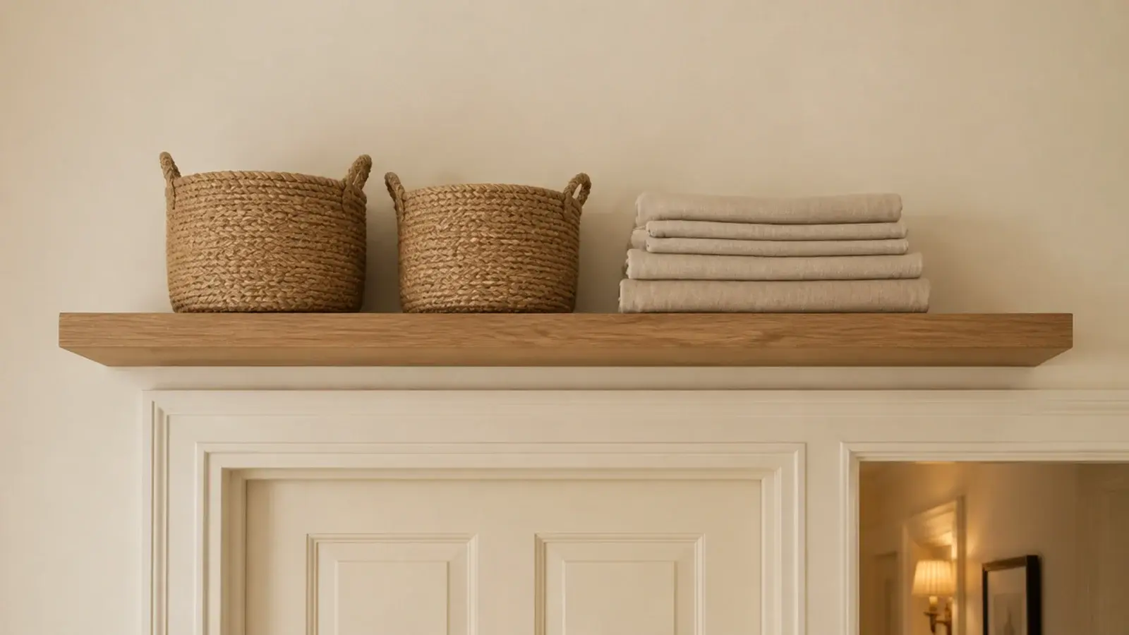 floating shelf mounted above a doorway holding baskets and spare linens