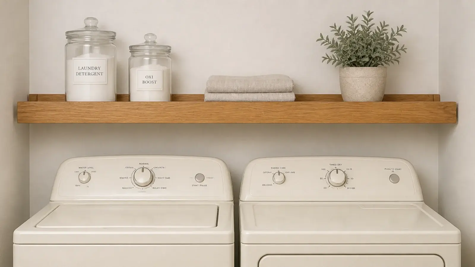 floating laundry shelf with a raised lip above a washer and dryer