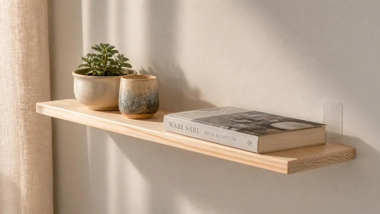 lightweight floating shelf held by adhesive strips in a rental bedroom