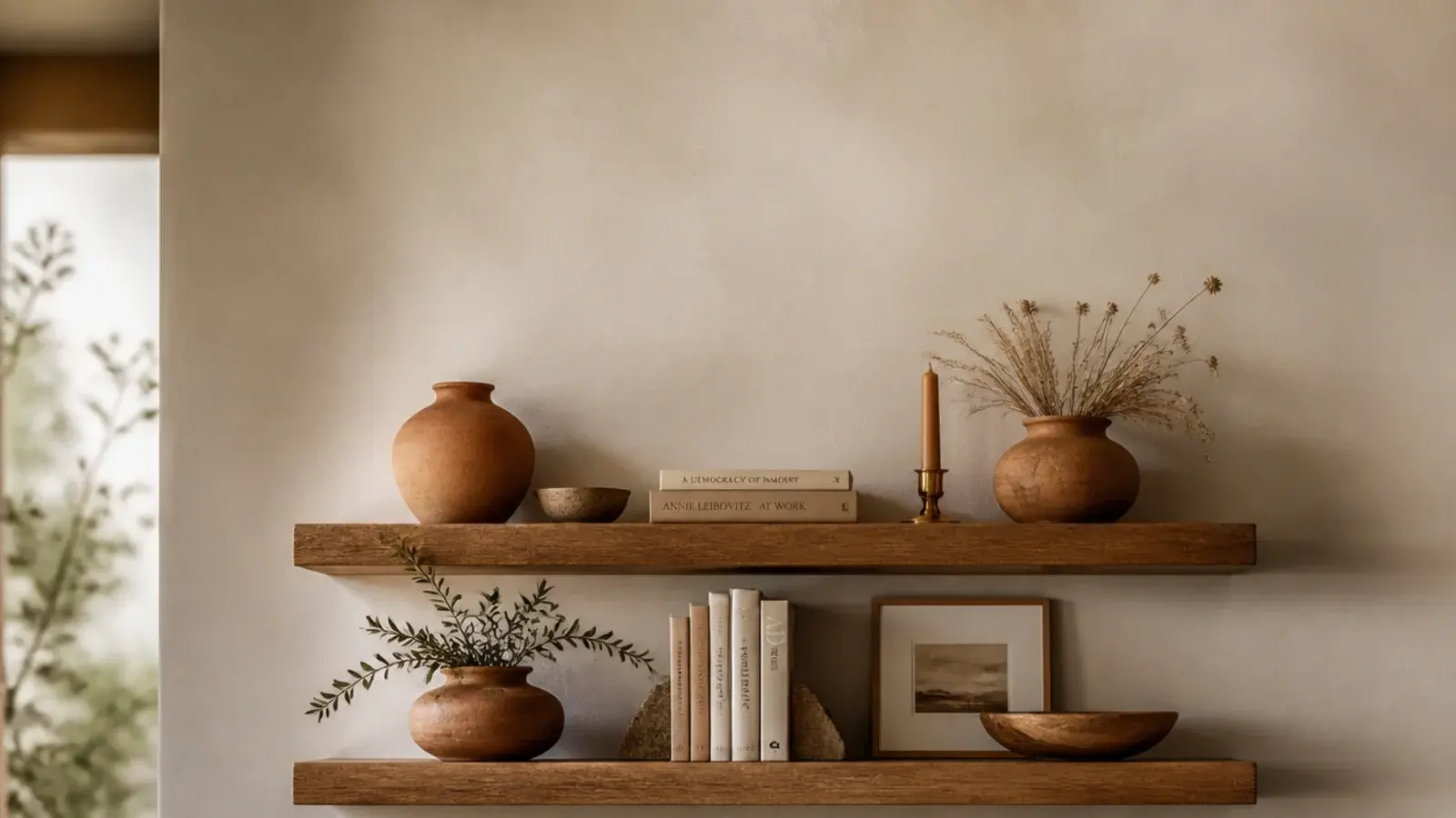 vertical view of styled wood floating shelves against a cream plaster wall
