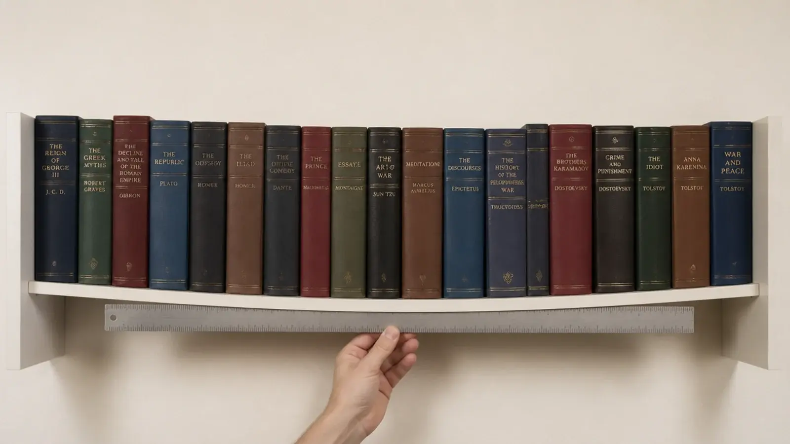 thin floating shelf board visibly bowing in the middle under books