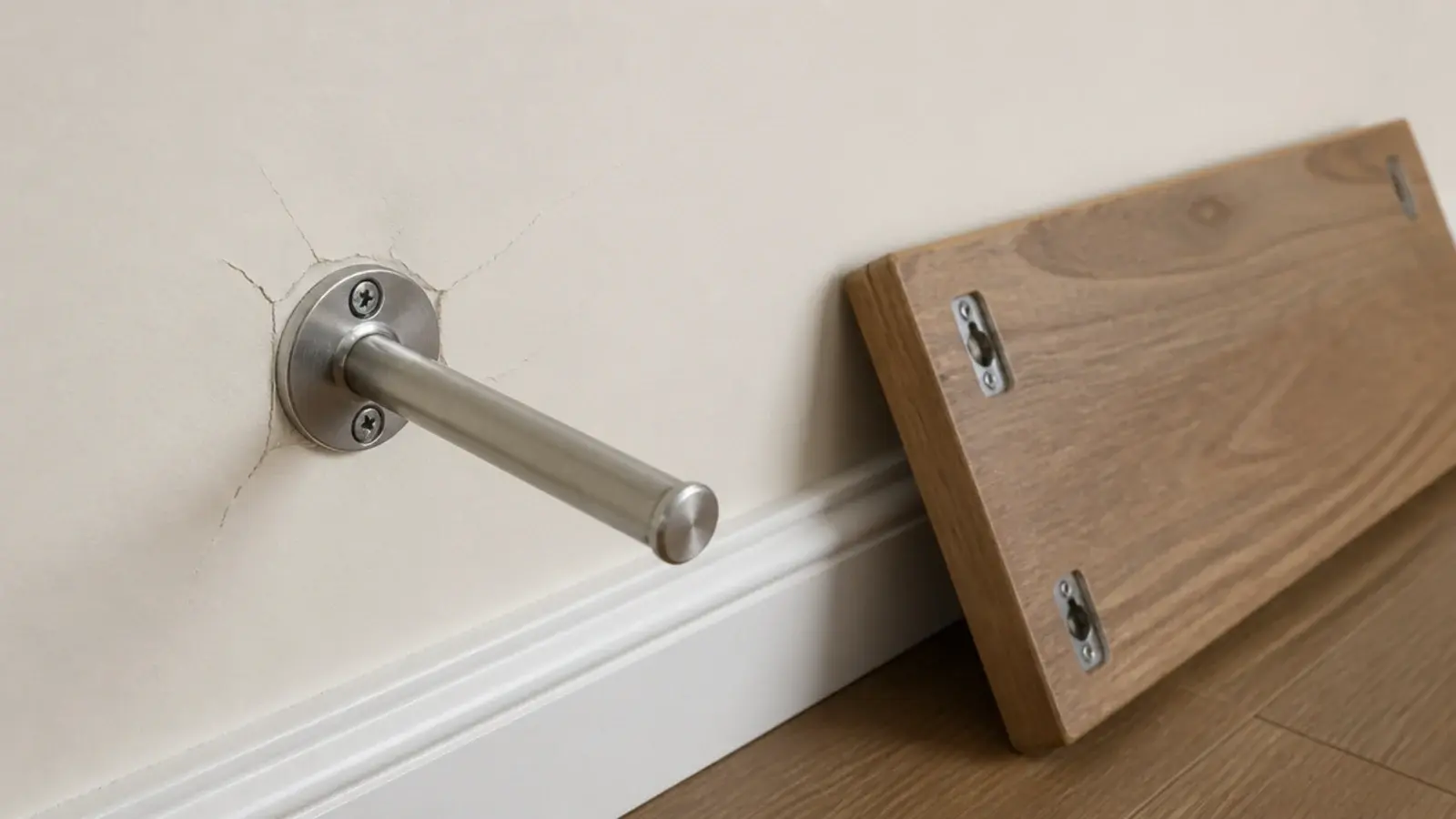 concealed rod bracket tilting downward where drywall crumbled around it