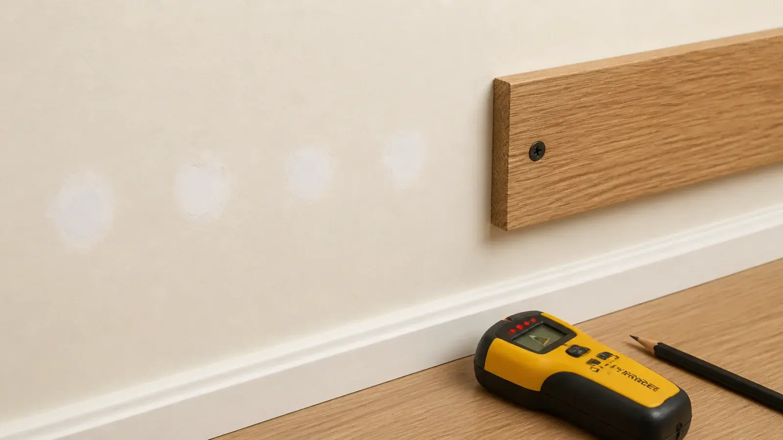row of filled and sanded holes in drywall beside a correctly placed shelf
