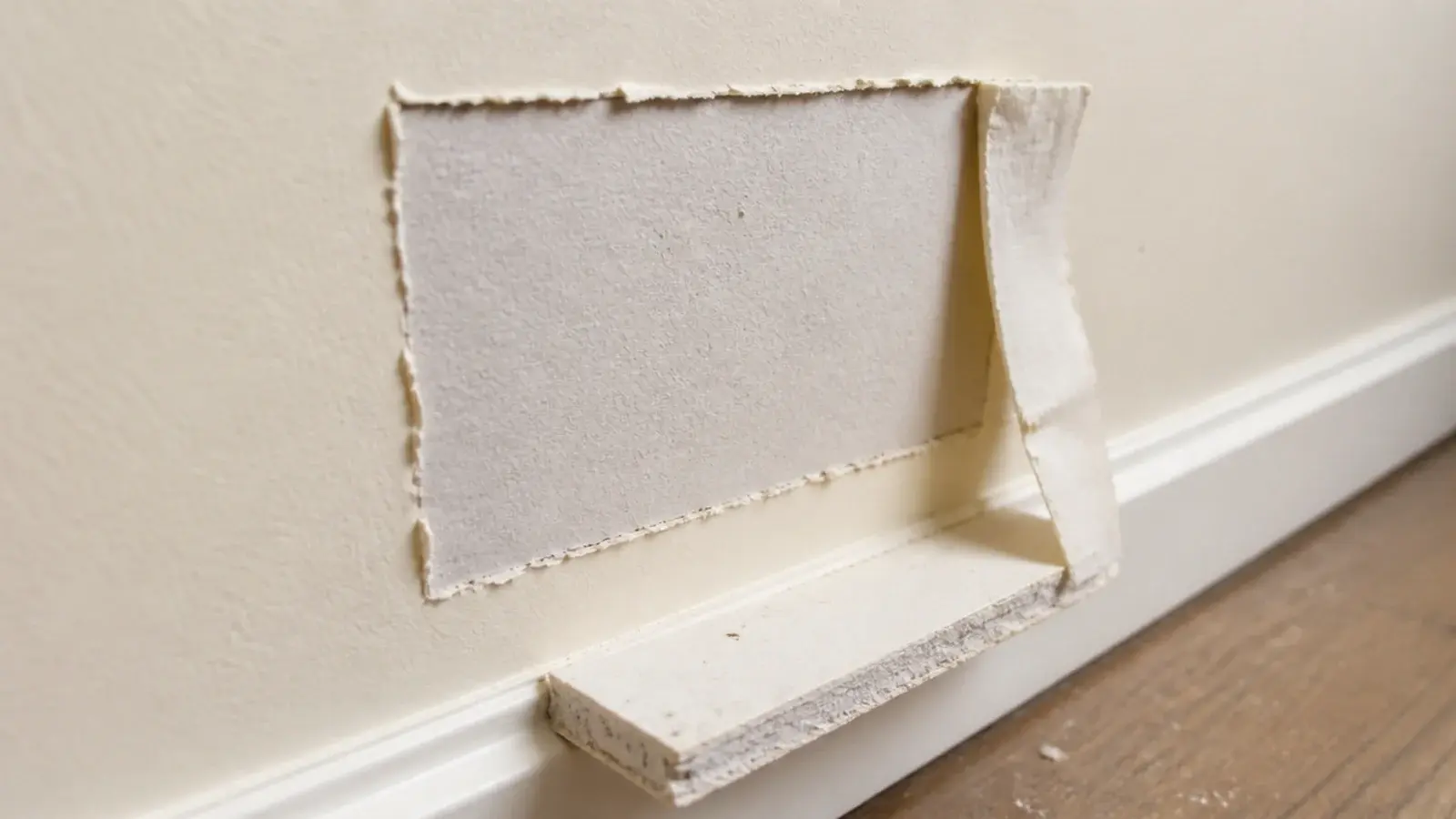 peeled paint patch where an adhesive shelf strip pulled away from drywall