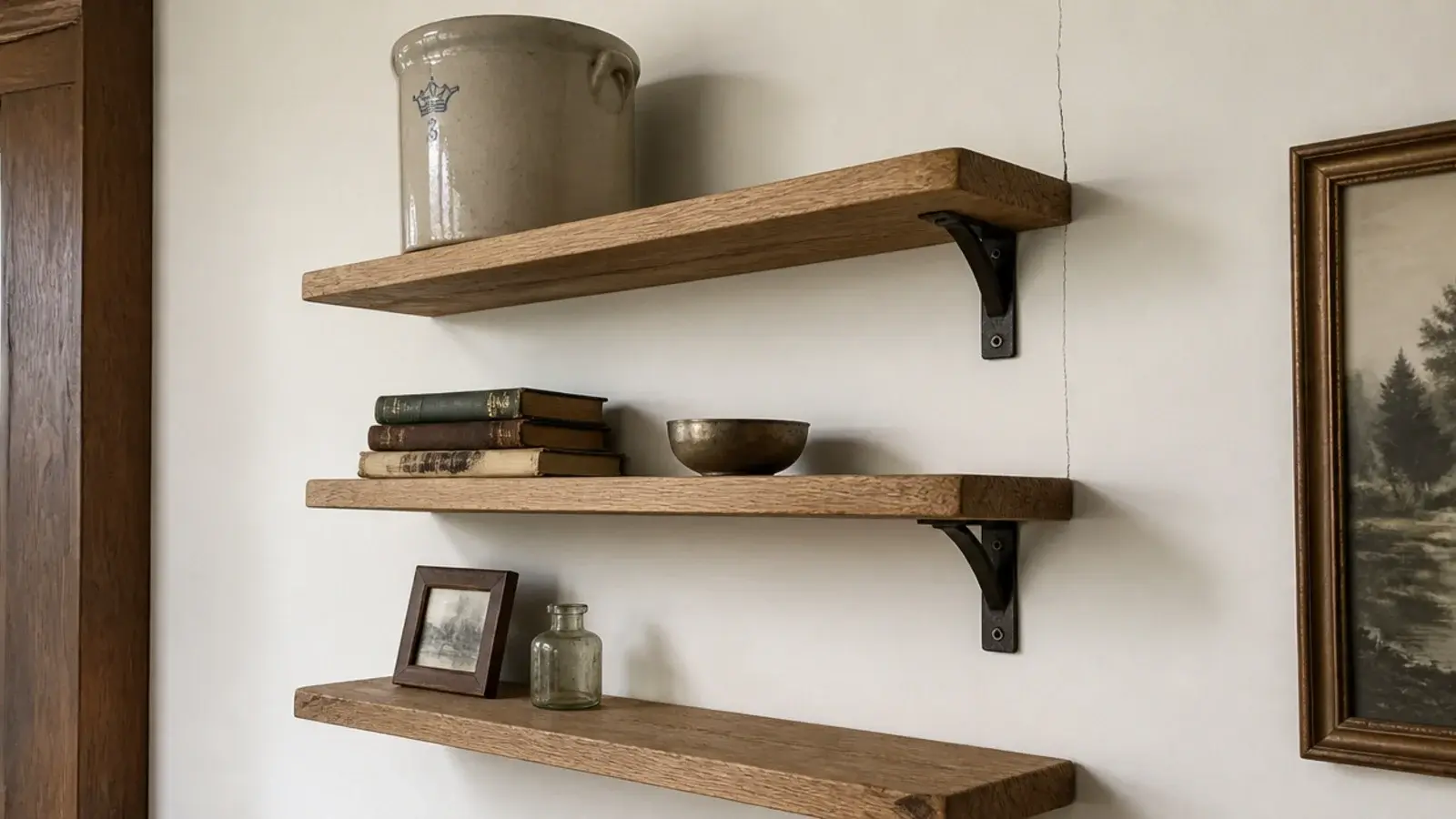 heavy stoneware crock sitting on the highest of three floating shelves