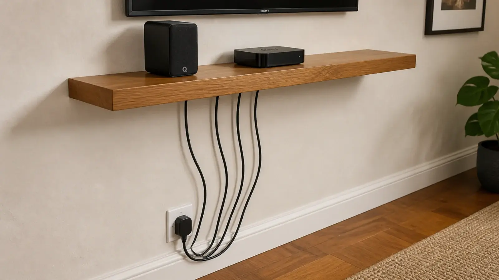 tangle of black cables hanging below a media shelf down a pale wall