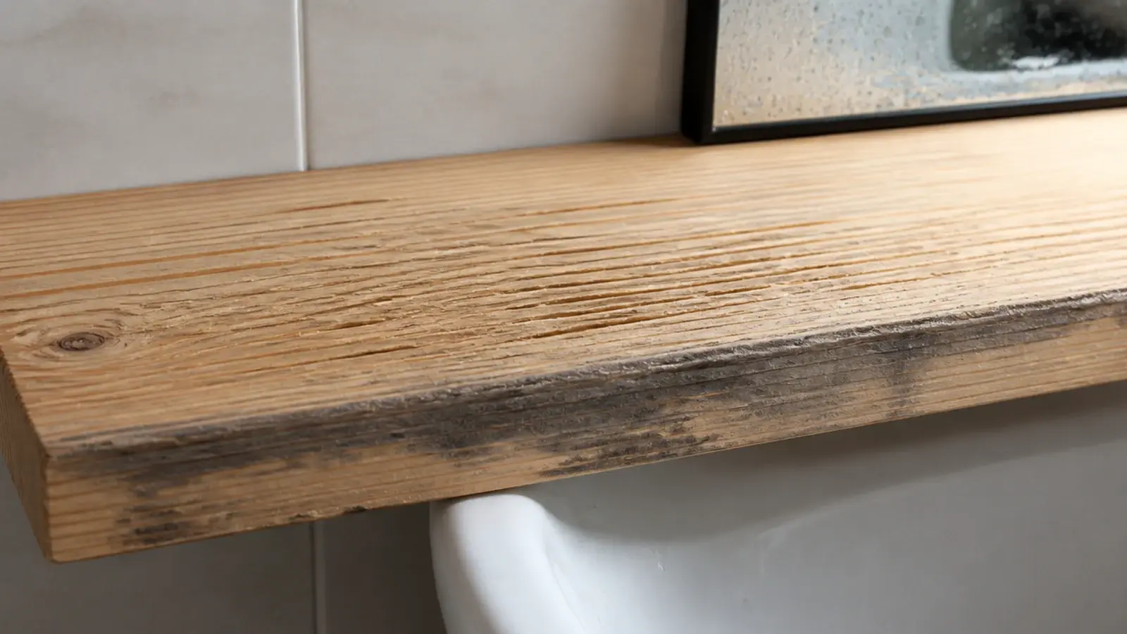 raw pine bathroom shelf showing swelling and dark water staining
