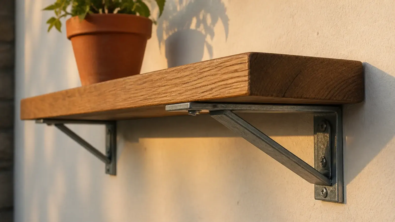 shiny galvanised brackets standing out sharply under warm wooden shelves