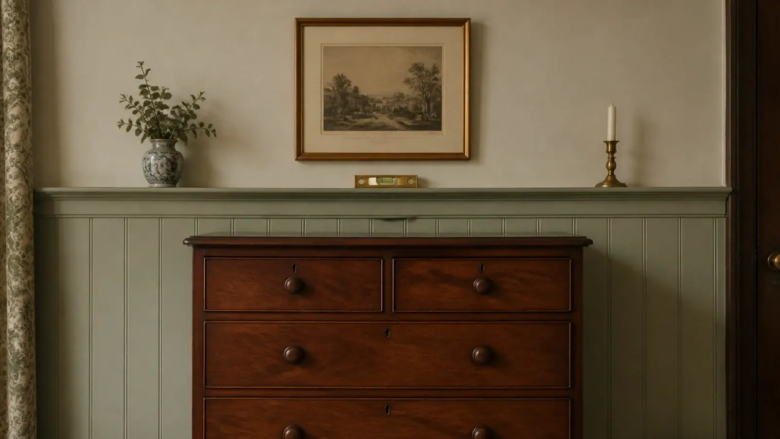 floating shelf sitting visibly out of line with a chest of drawers below