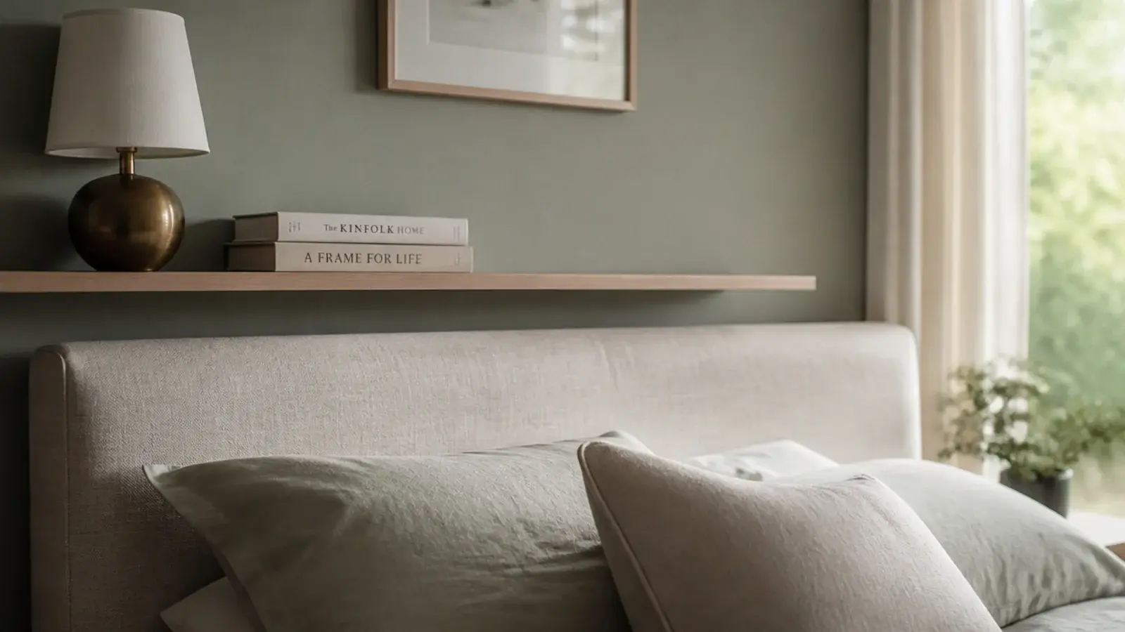 low floating shelf mounted directly above a bed headboard at head height