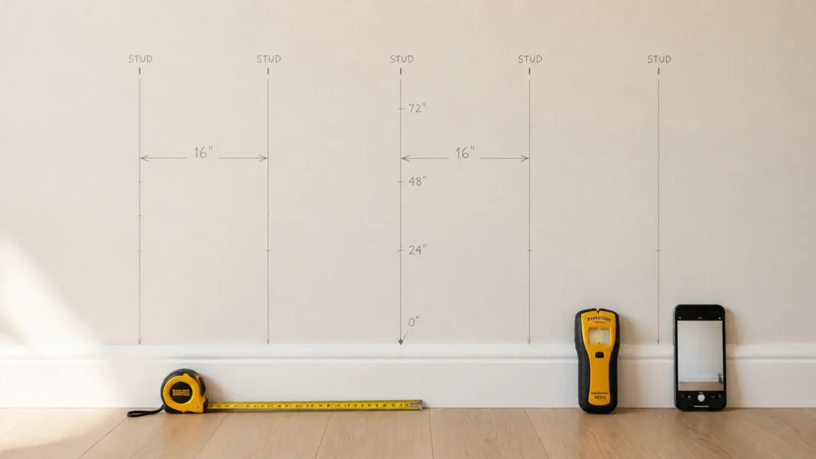 phone photo of a marked wall showing stud lines before shelves went up