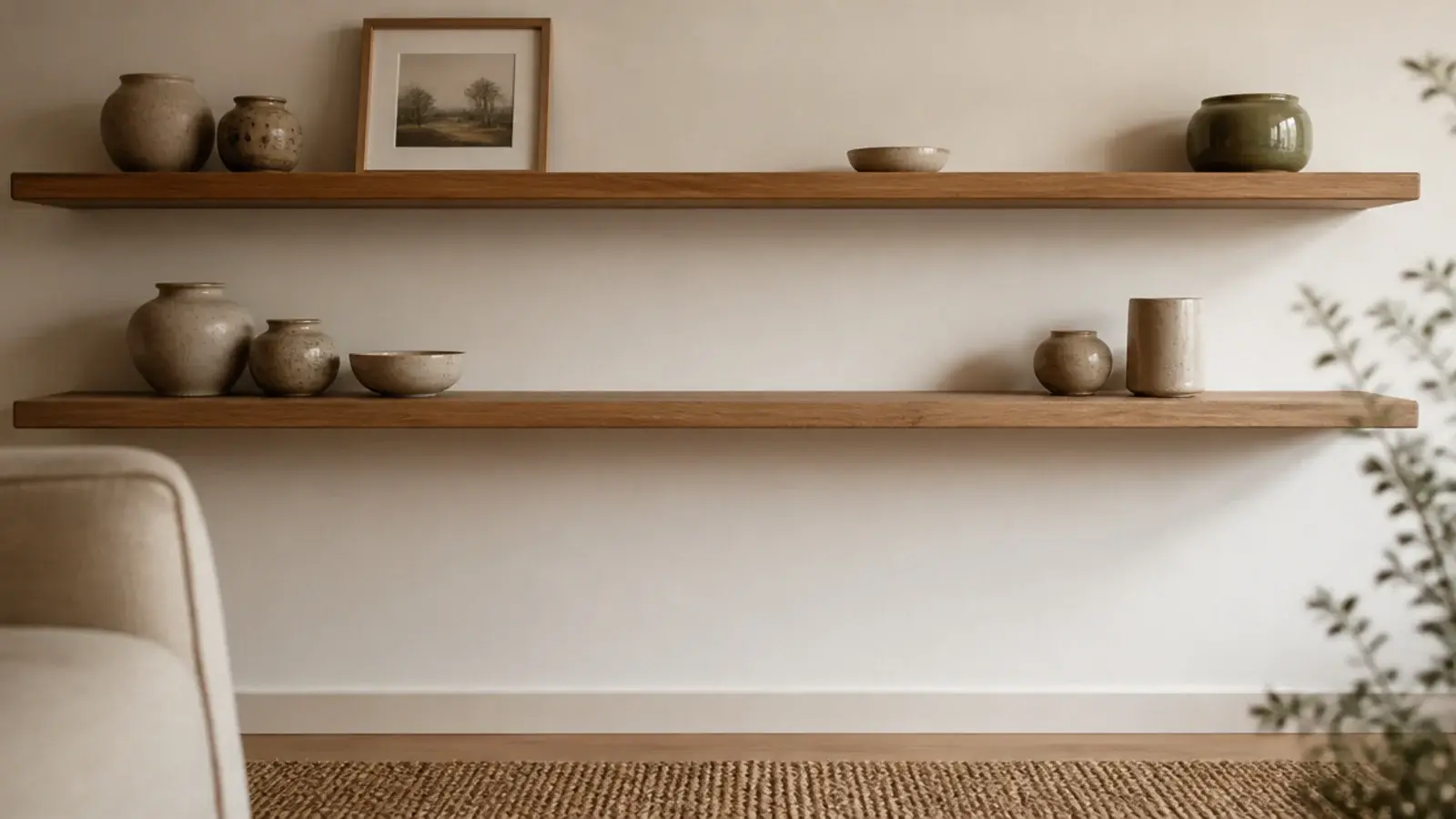 two floating shelves showing balanced object groupings and empty space