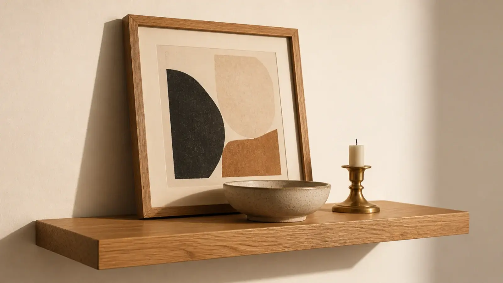 framed print leaning at the back of a styled floating wood shelf