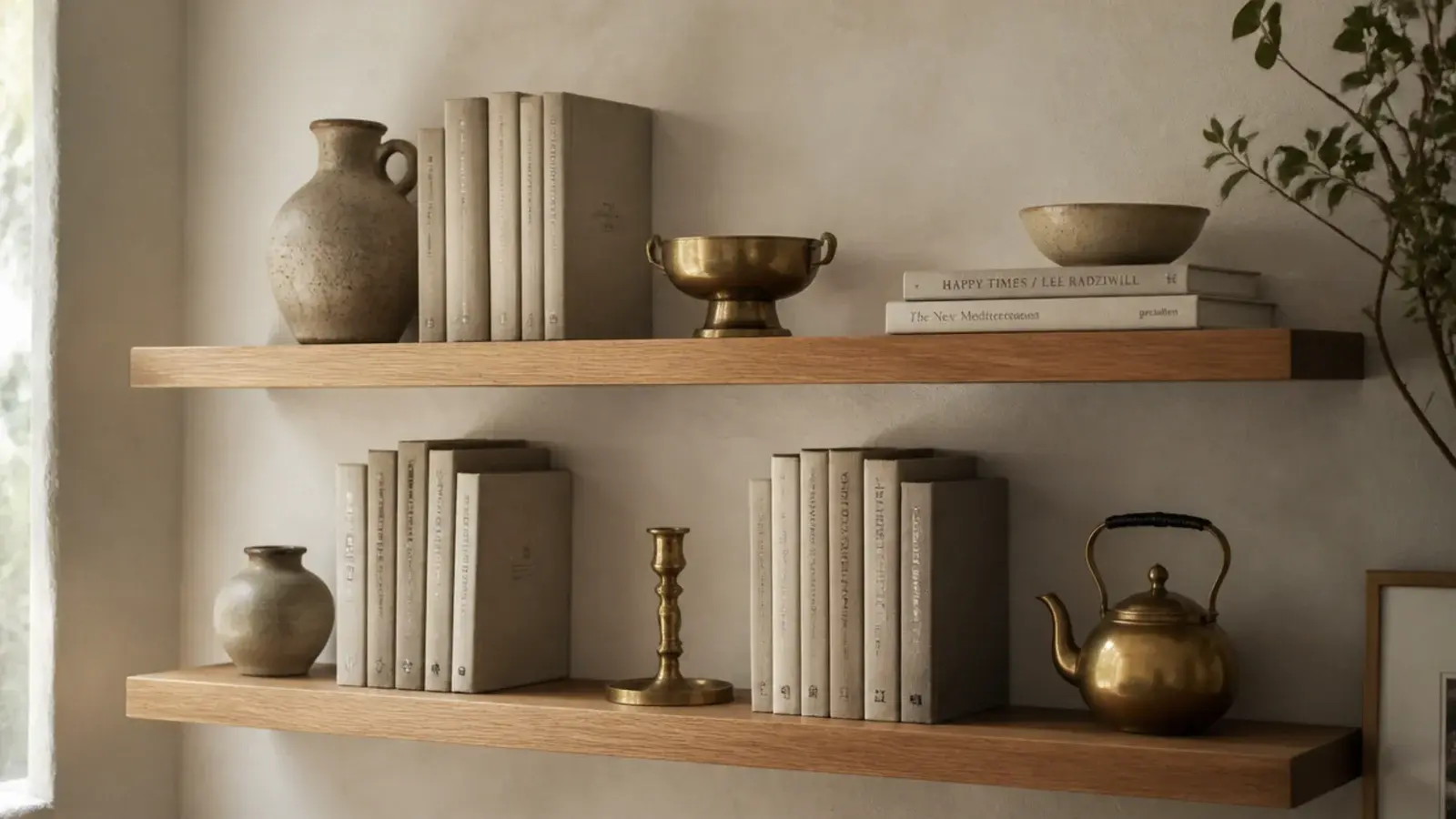 three brass objects repeated across two floating shelves for rhythm