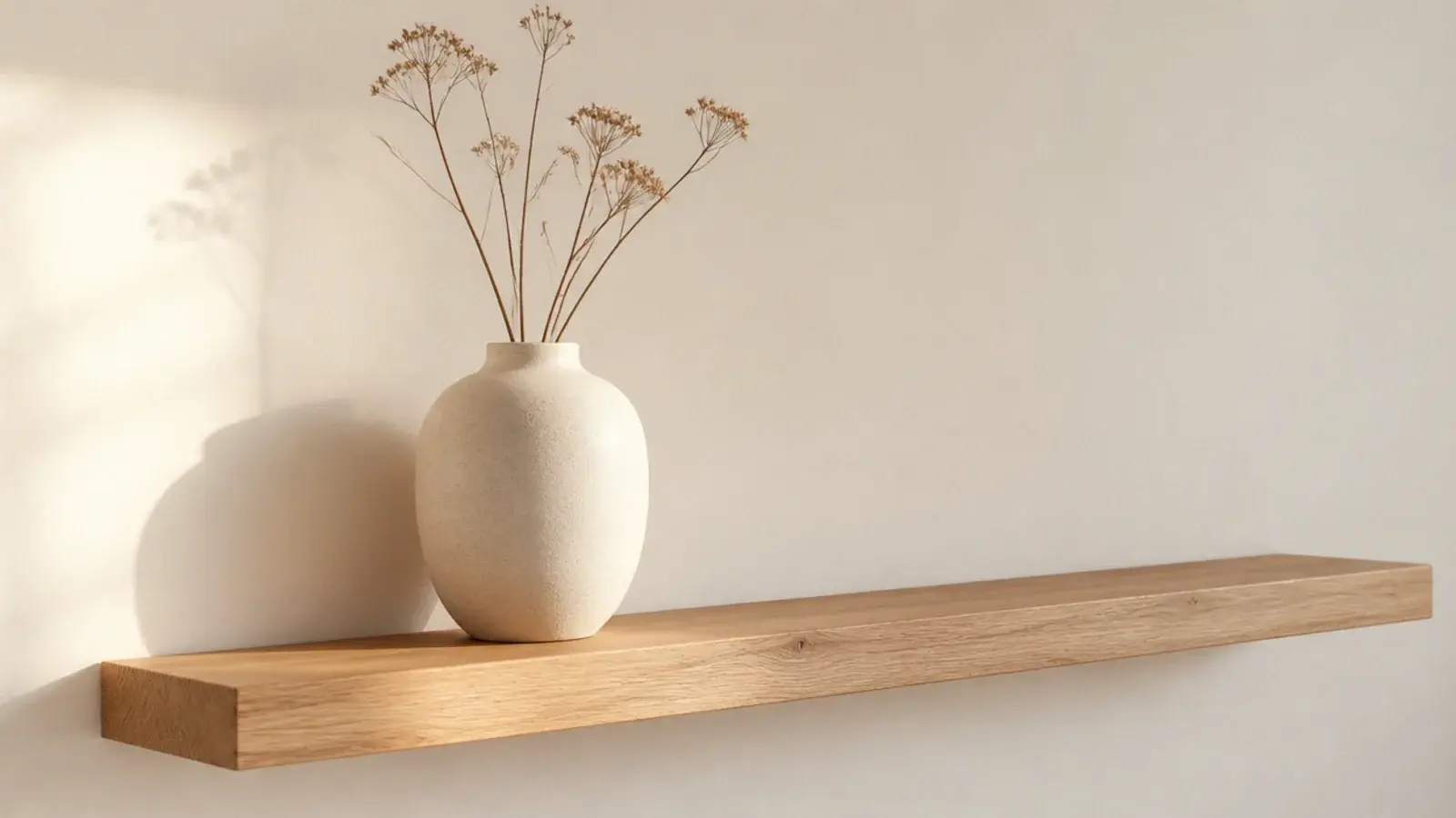 single oversized stoneware vase filling a floating shelf on its own
