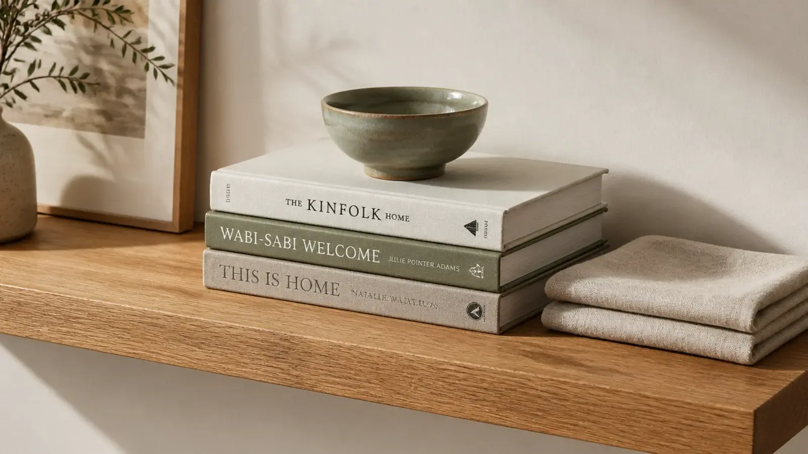 small ceramic raised on a stack of horizontal books on a shelf
