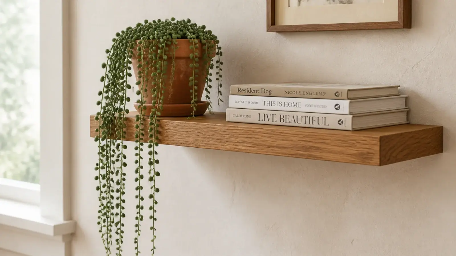 trailing plant spilling well below the front edge of a floating shelf
