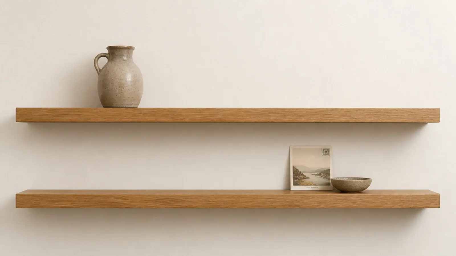 sparsely styled floating shelf with a long stretch of empty surface