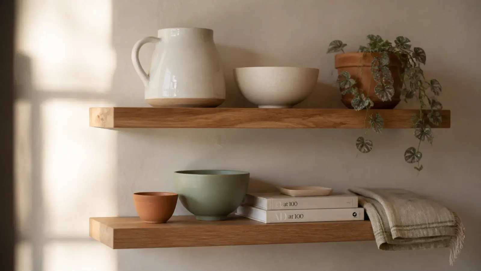 floating shelf styled in cream terracotta and sage tones with oak